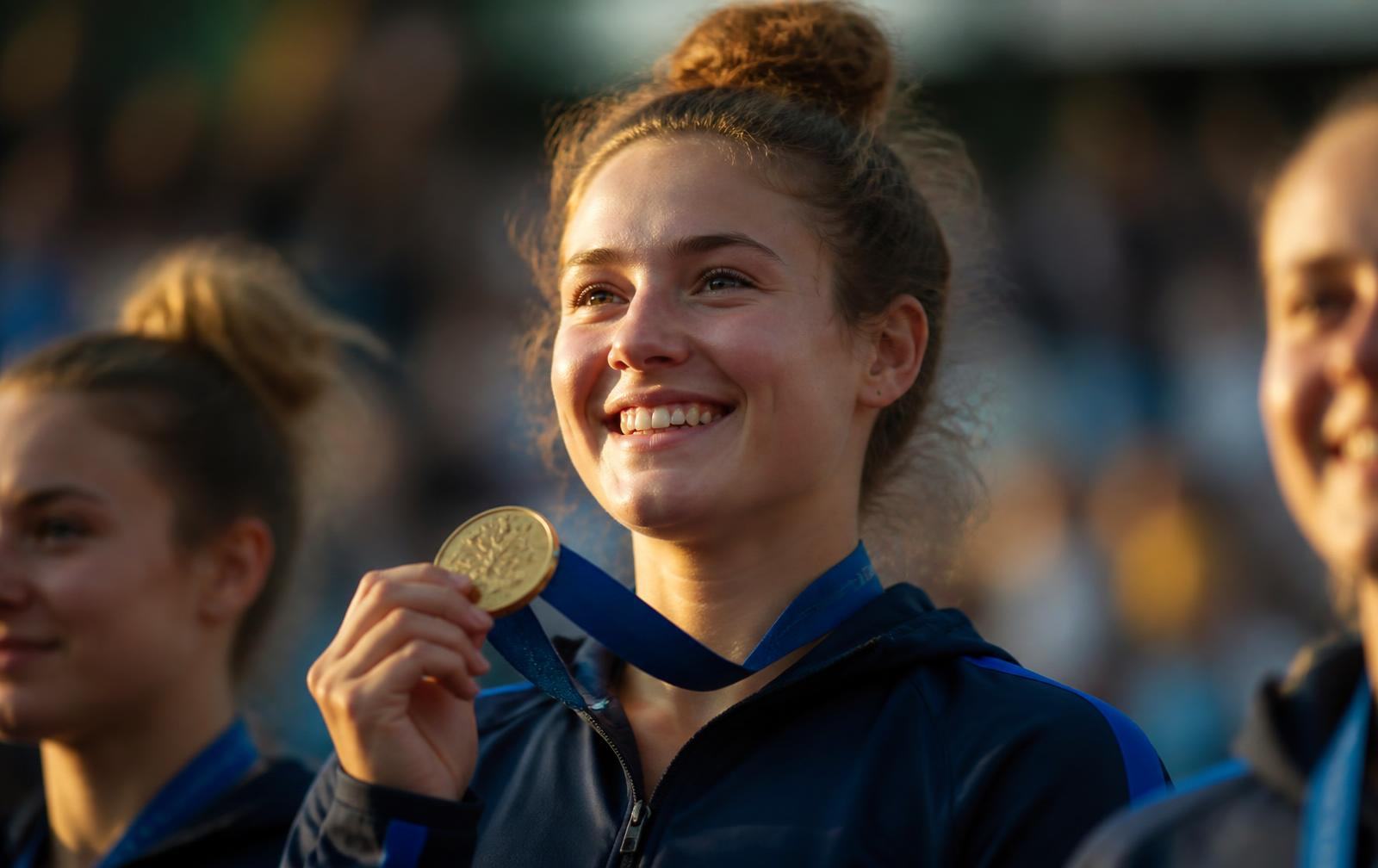 A young athlete holding up her gold medal after a breakthrough win