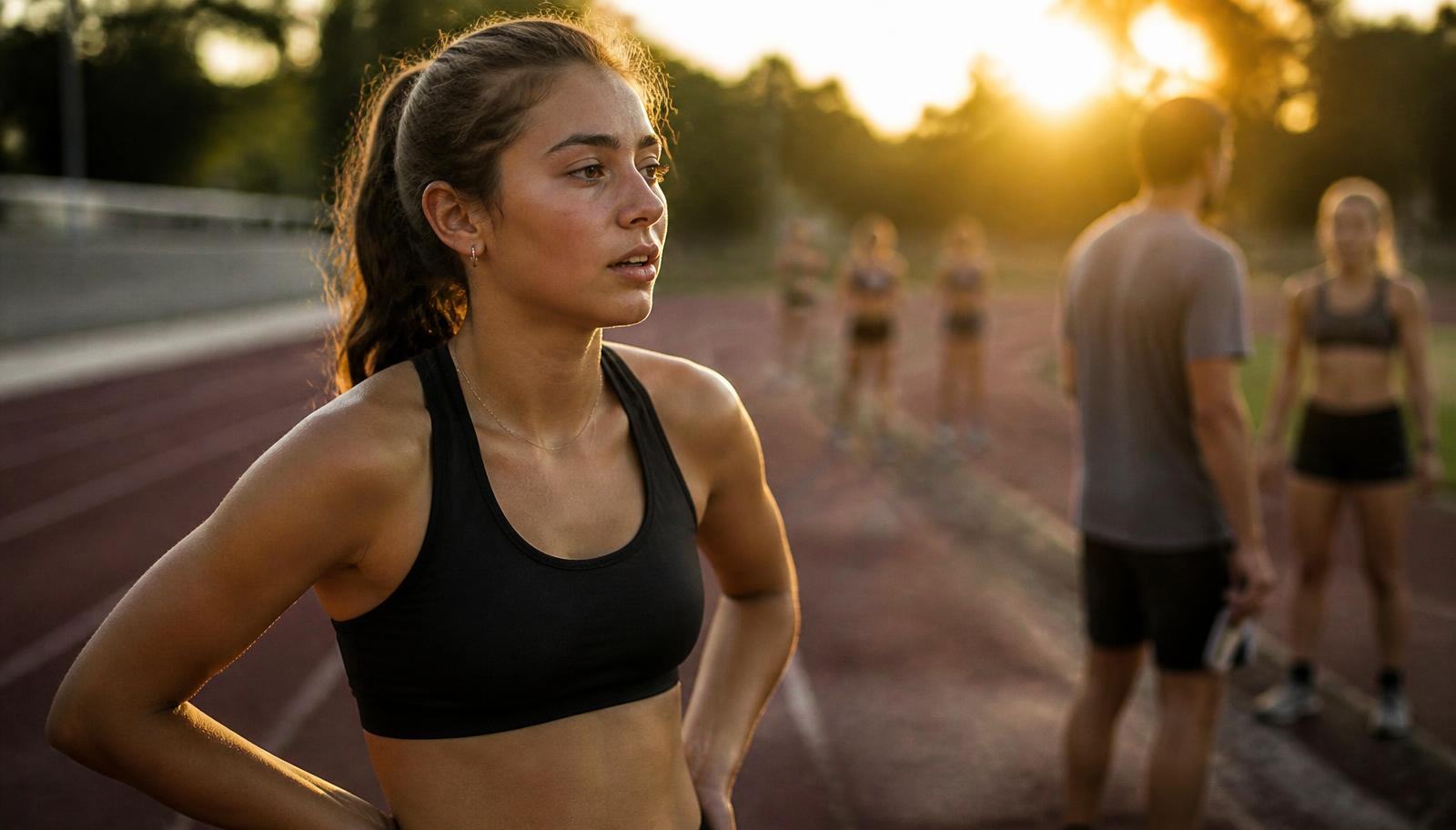 A young track athlete catching her breath at golden hour