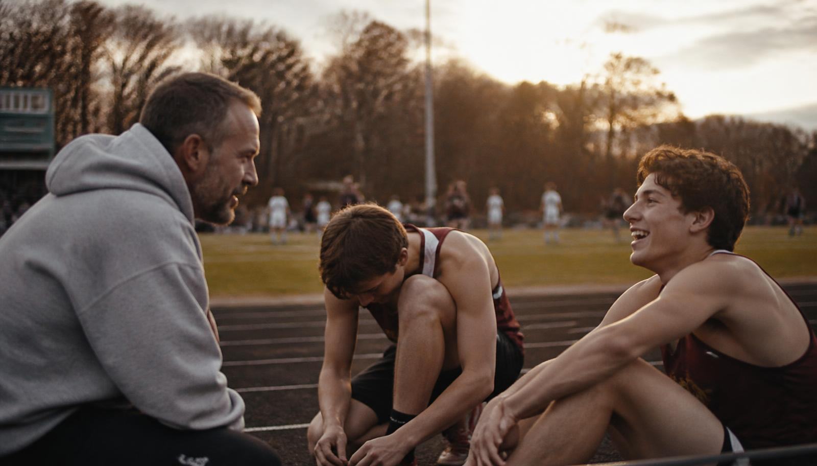 A coach beside young athletes at a track at golden hour