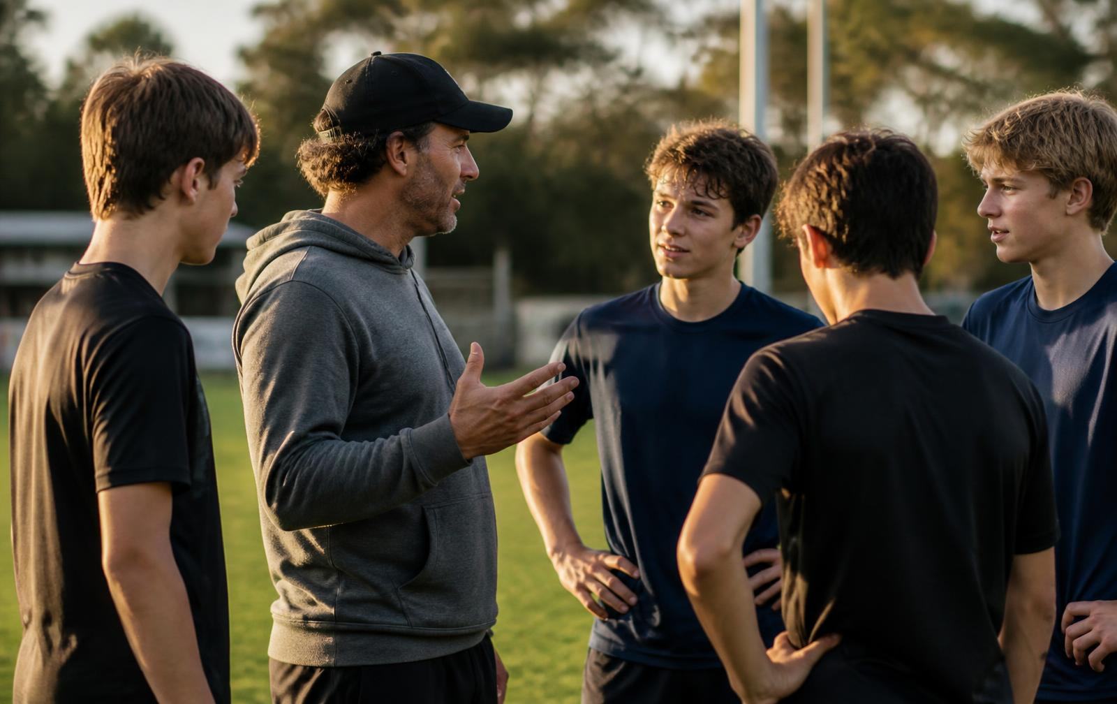 A coach talking with a group of young athletes on a club training field at golden hour