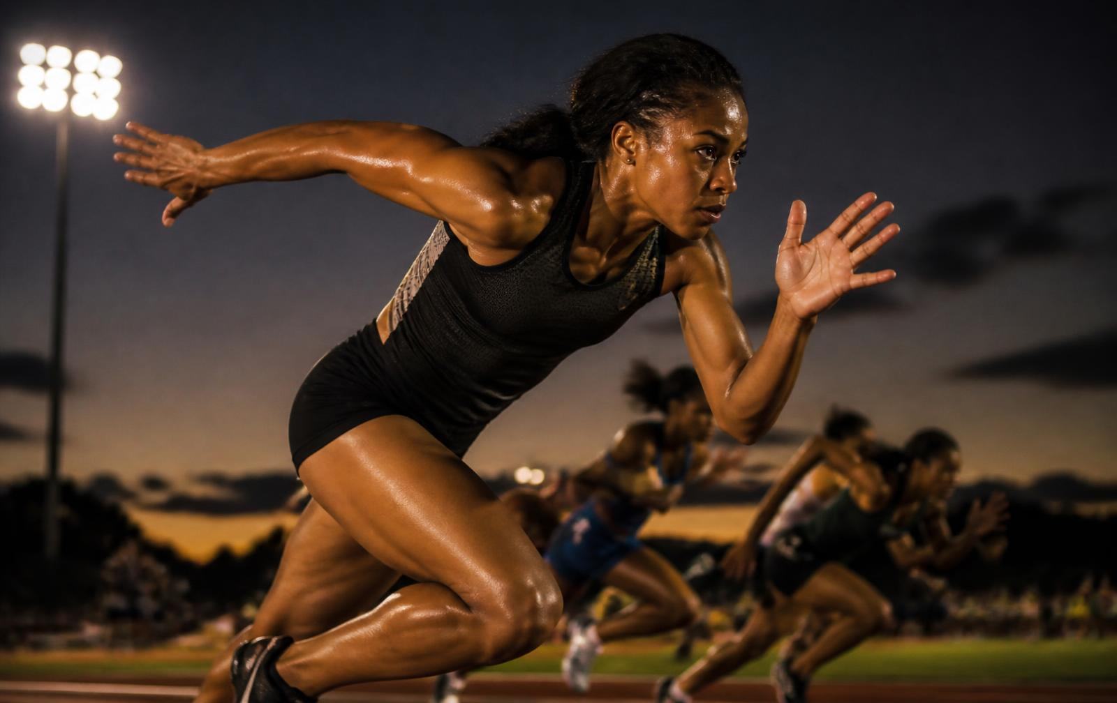 A young track athlete launching out of the blocks under floodlights at dusk